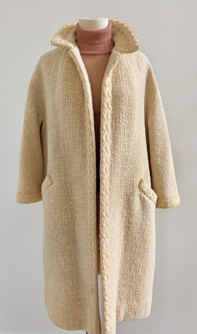 Vintage 1950s Cream Textured Wool Coat With Braided Trim